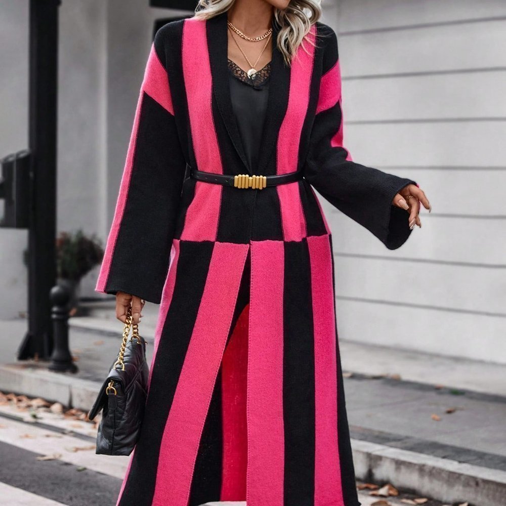 Pink & Black Preppy Womens Two Tone Open Front Longline Cardigan - Picture 4 of 6